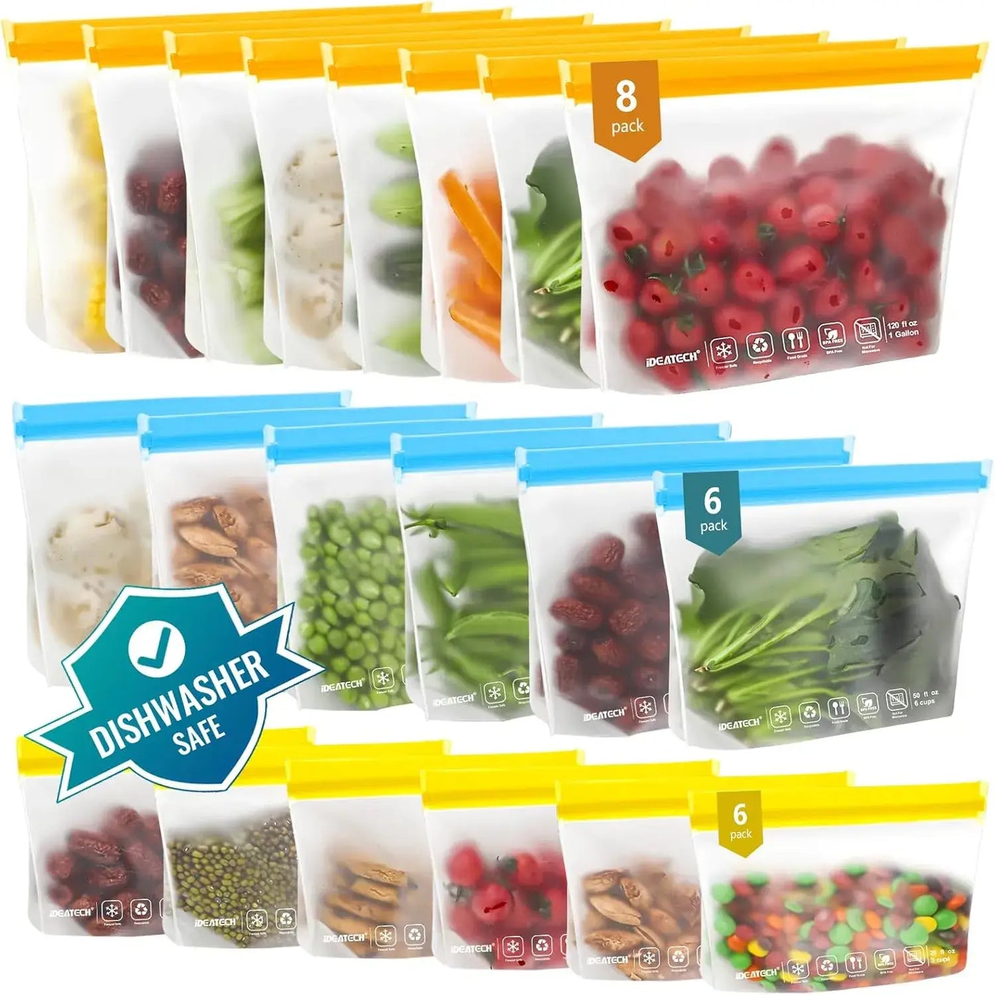 Reusable Food Storage Bags — 20 Pack, Leakproof, BPA-Free, Dishwasher Safe
