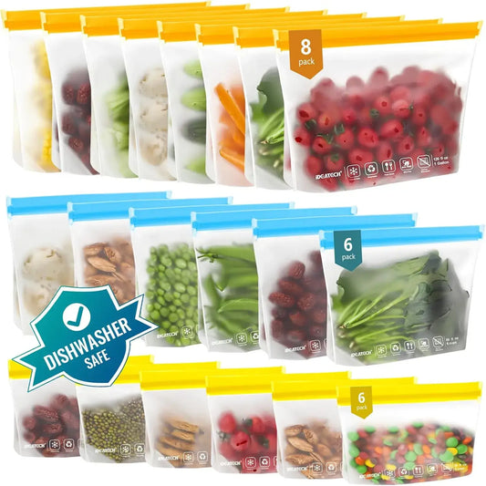 Reusable Food Storage Bags — 20 Pack, Leakproof, BPA-Free, Dishwasher Safe