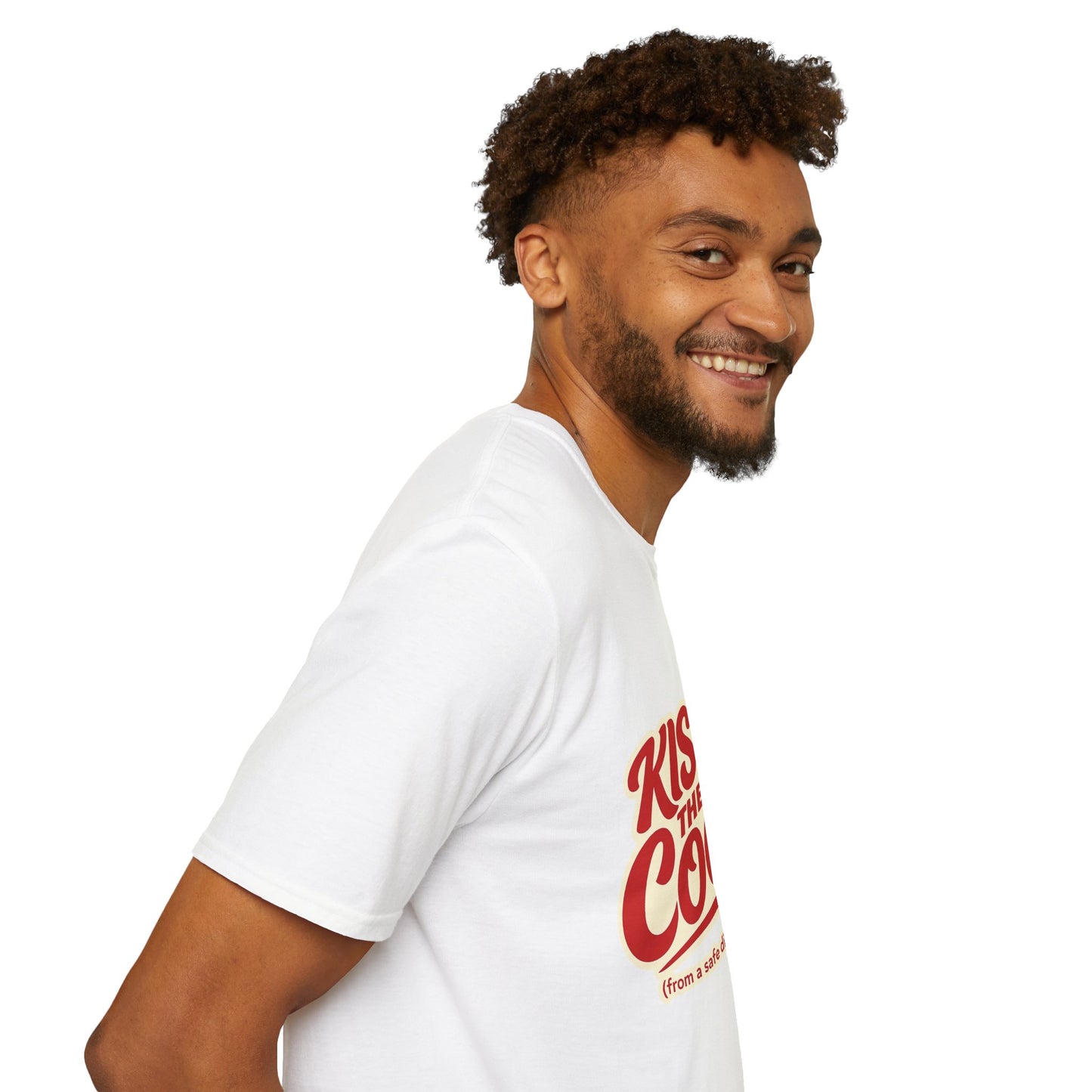 Kiss The Cook T-Shirt — Retro Red Graphic Tee ("Kiss The Cook from a safe distance")