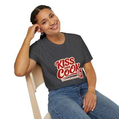 Kiss The Cook T-Shirt — Retro Red Graphic Tee ("Kiss The Cook from a safe distance")