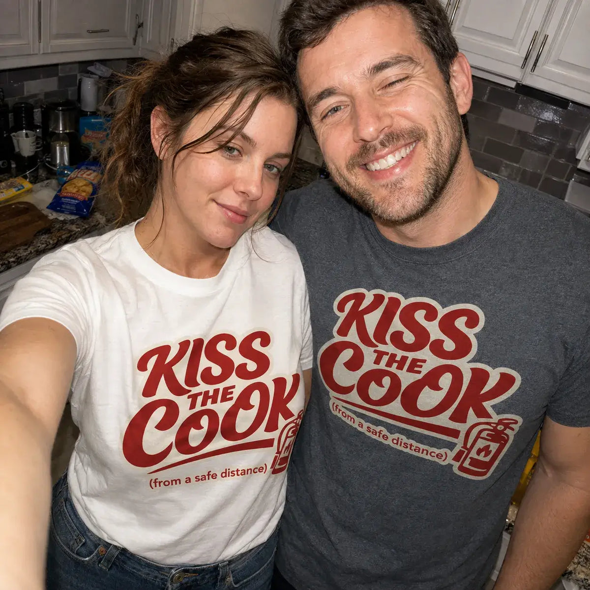 Kiss The Cook T-Shirt — Retro Red Graphic Tee ("Kiss The Cook from a safe distance")