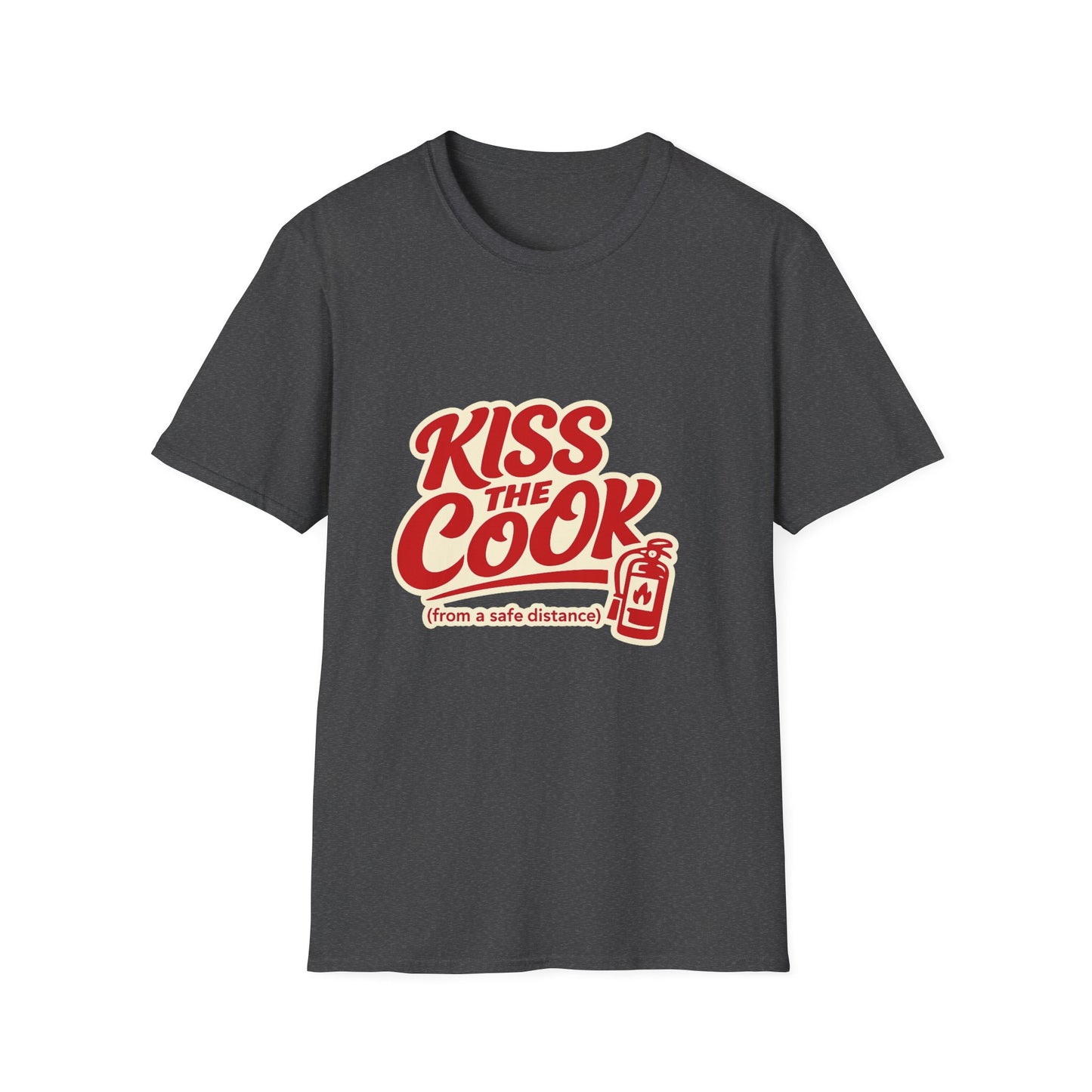 Kiss The Cook T-Shirt — Retro Red Graphic Tee ("Kiss The Cook from a safe distance")