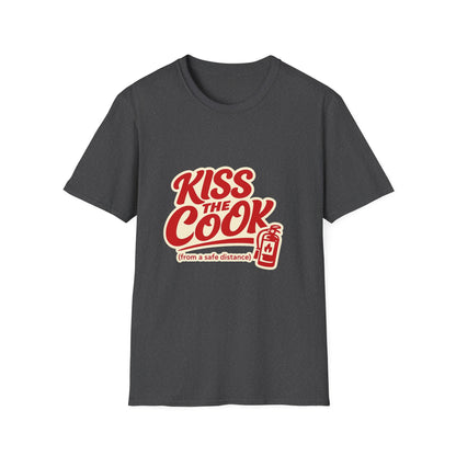 Kiss The Cook T-Shirt — Retro Red Graphic Tee ("Kiss The Cook from a safe distance")