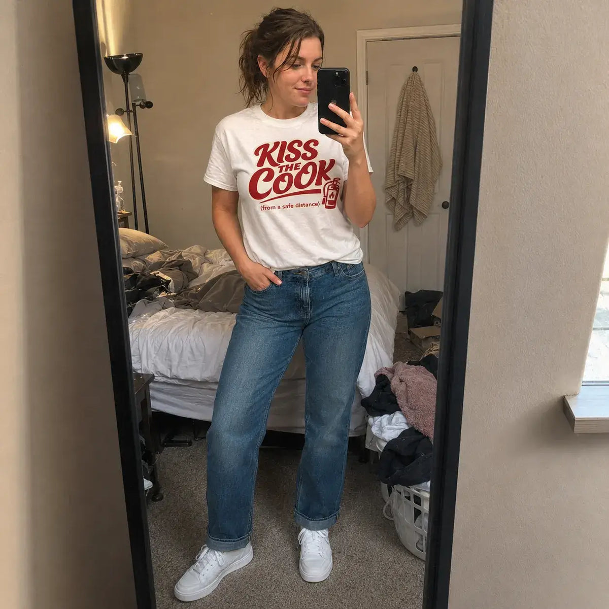 Kiss The Cook T-Shirt — Retro Red Graphic Tee ("Kiss The Cook from a safe distance")